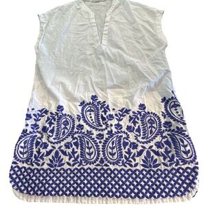 Athletes White Luxe Swim Cover Up Tunic with Blue Embroidered Paisley Hem